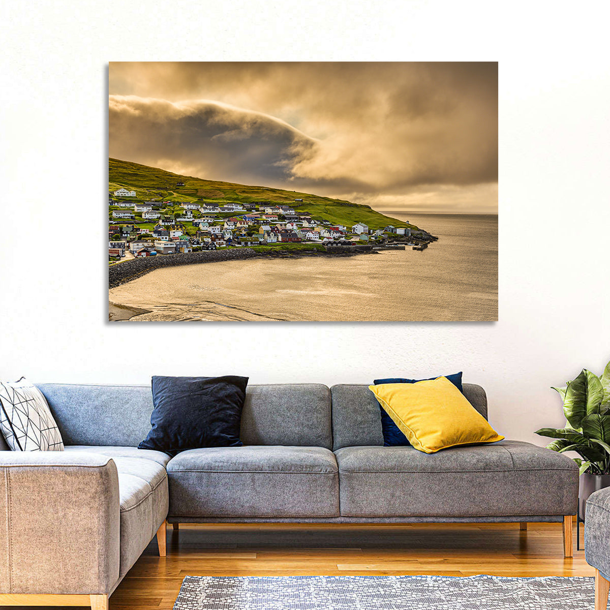 Coastal Village at Golden Hour Wall Art in a room, landscape