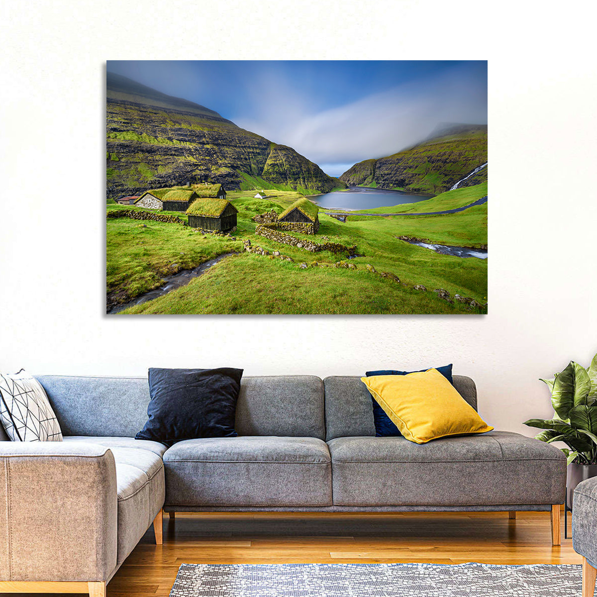 Saksun Turf Roof Cabins Wall Art in a room, landscape