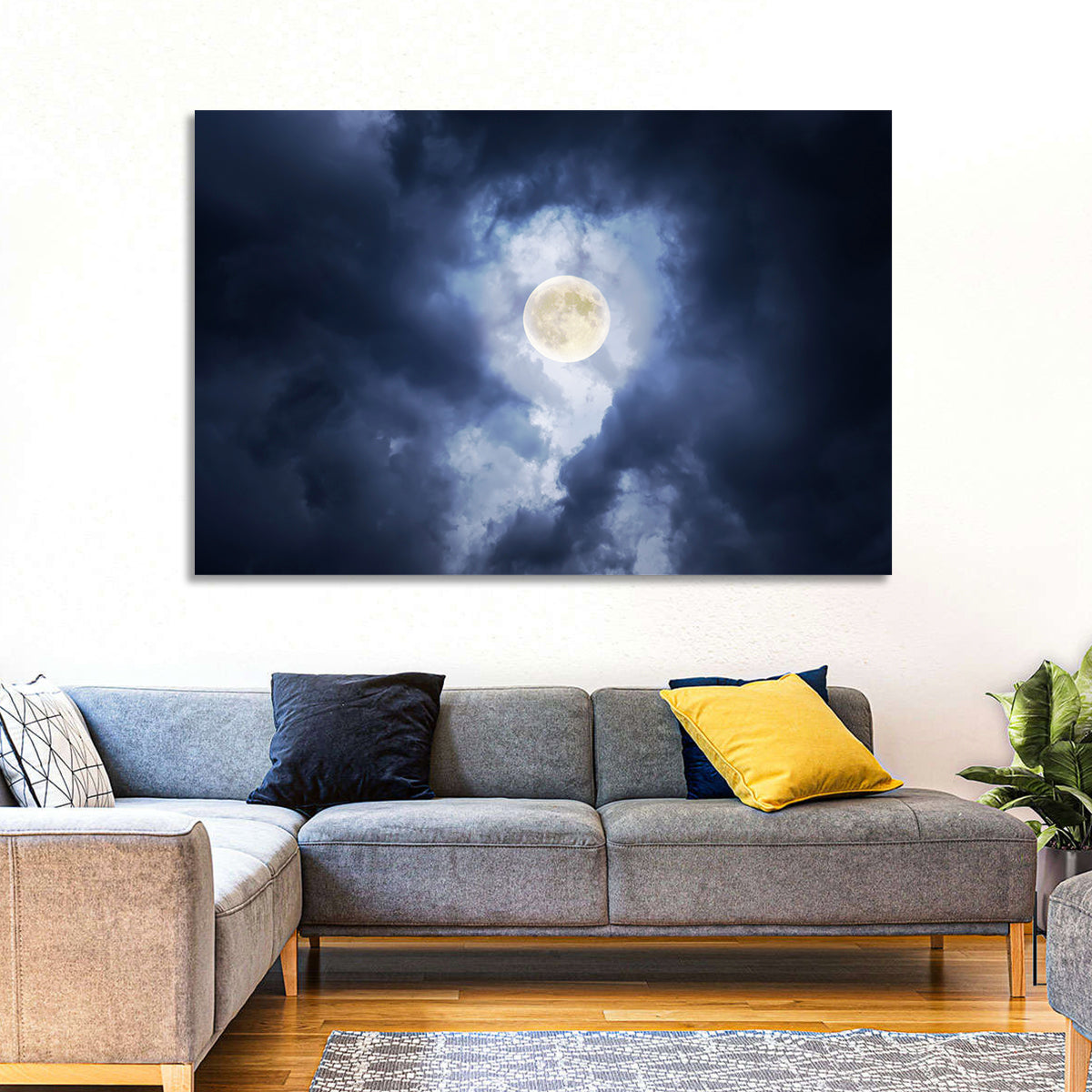 Supermoon Through Storm Clouds Wall Art in a room, landscape
