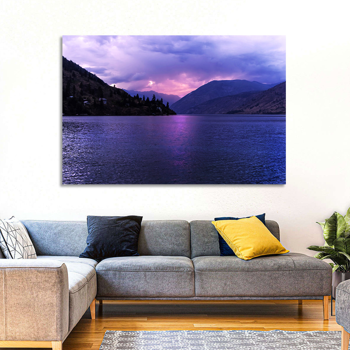 Lake Chelan Violet Sunset Wall Art in a room, landscape