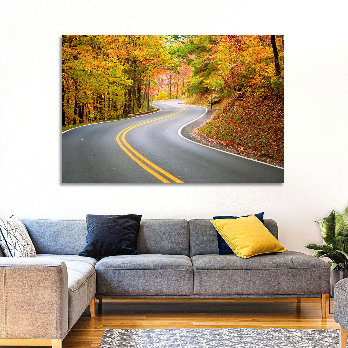 Winding Autumn Road Wall Art in a room, landscape