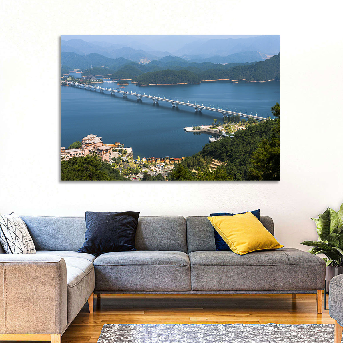 Qiandao Lake Bridge View Wall Art in a room, landscape