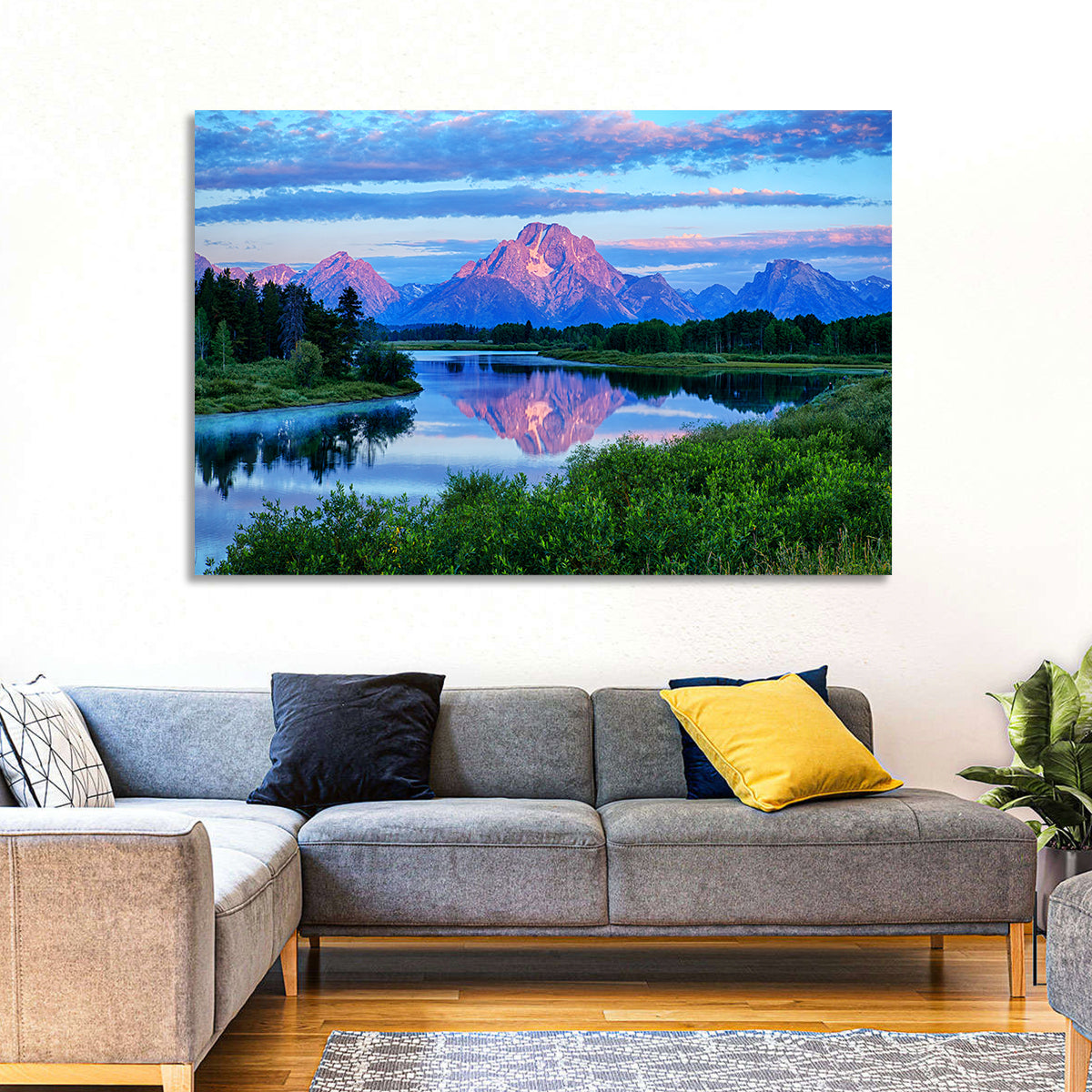 Oxbow Bend Dawn Reflection Wall Art in a room, landscape