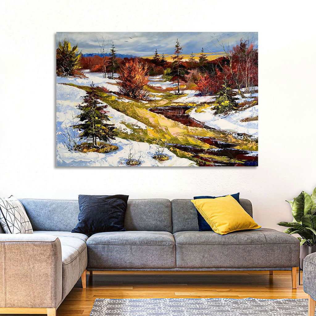 Snowy Stream Through Evergreens Wall Art