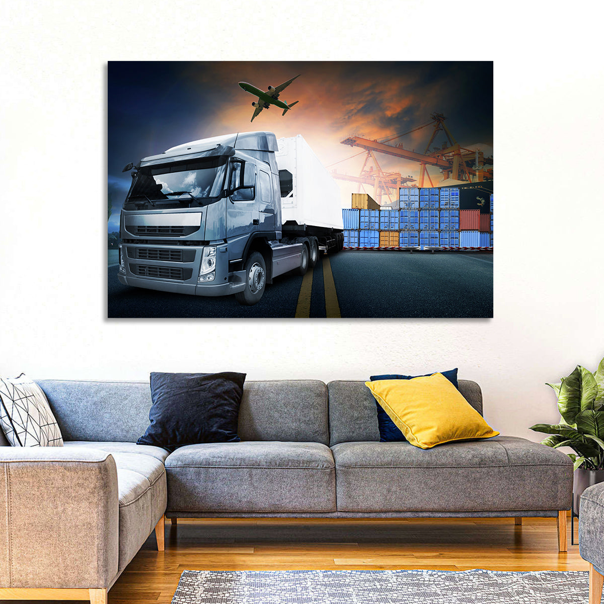 Sunset Freight Terminal Truck Scene Wall Art in a room, landscape