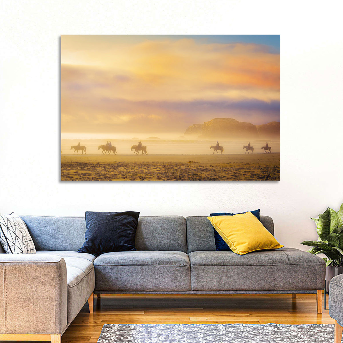 Misty Beach Horseback Riders Wall Art in a room, landscape
