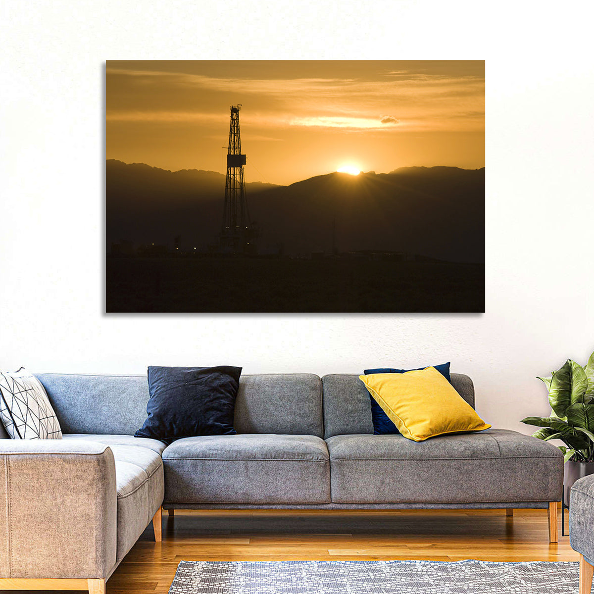 Sunrise Over Drilling Rig Wall Art in a room, landscape