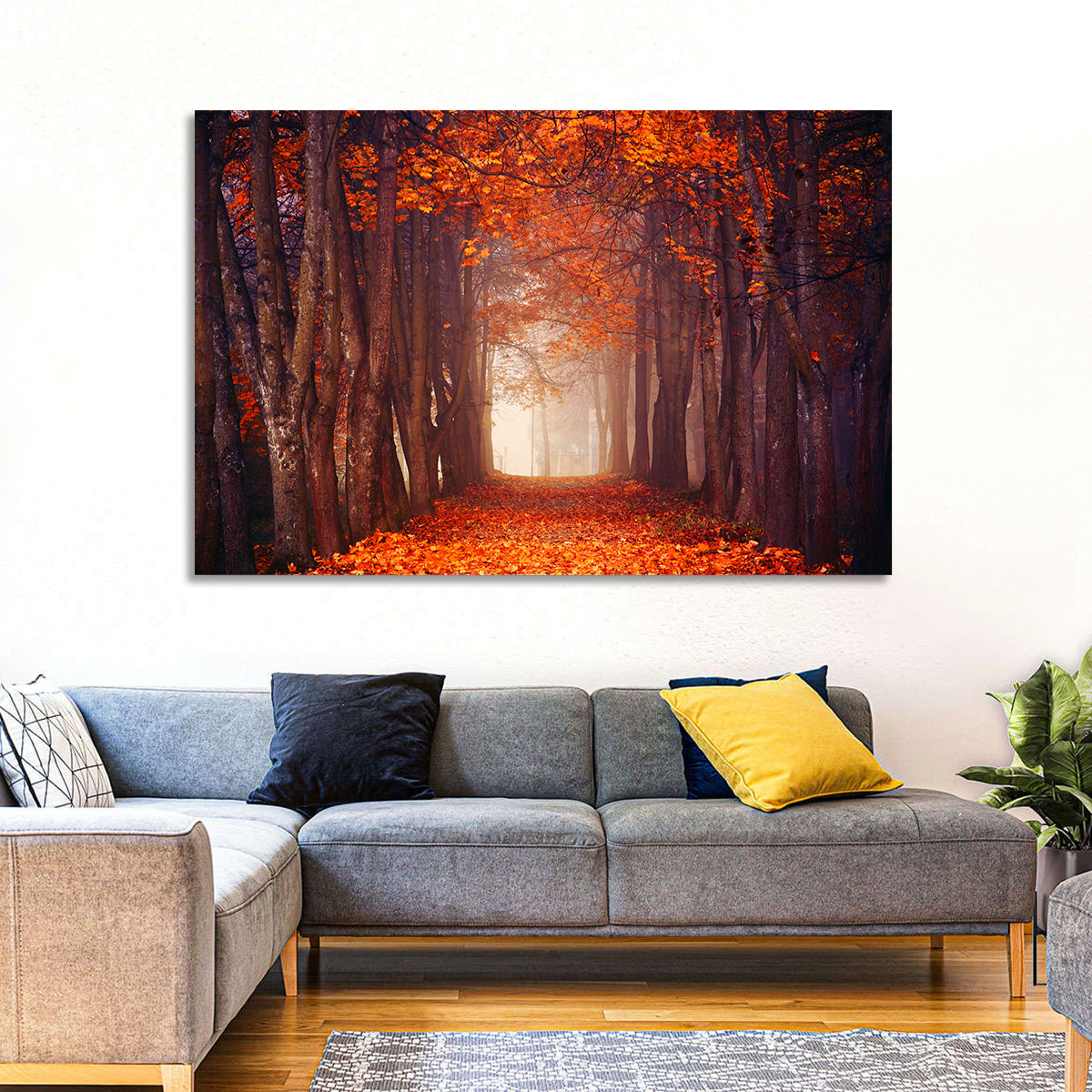 Misty Autumn Forest Path Wall Art in a room, landscape