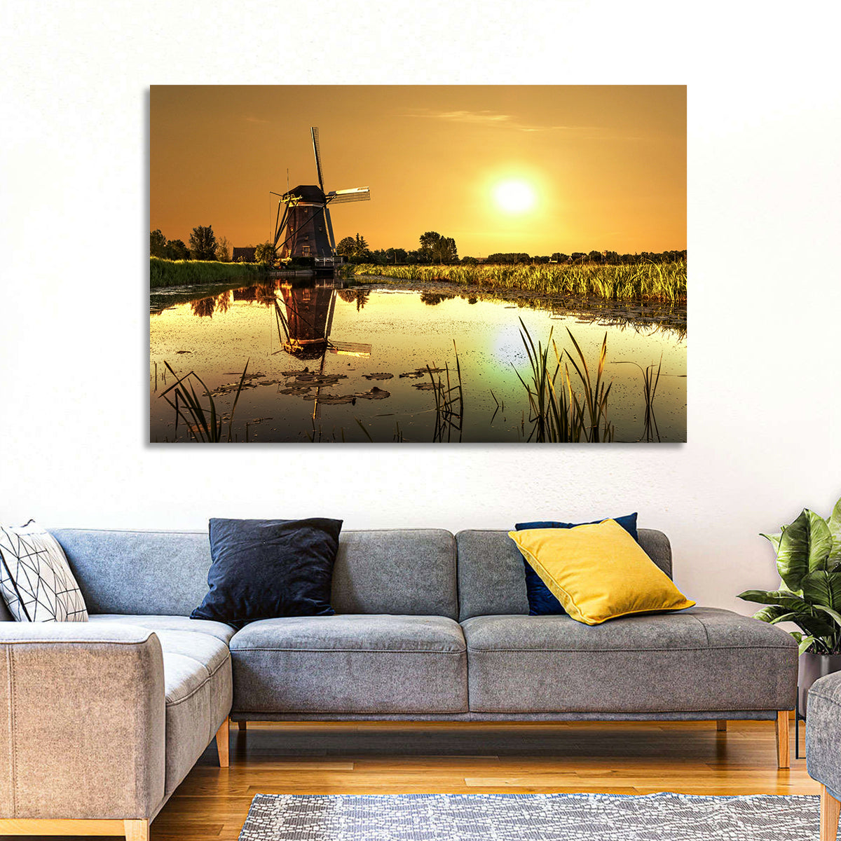 Dutch Windmill at Golden Hour Wall Art in a room, landscape