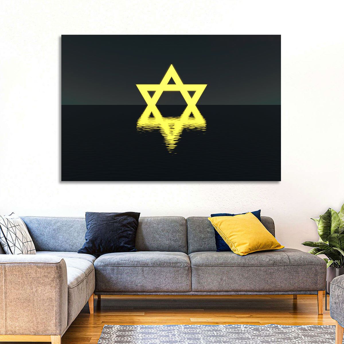 Glowing Star of David Reflection Wall Art in a room, landscape