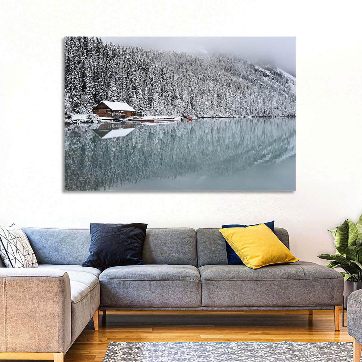 Lake Louise Winter Reflection Wall Art in a room, landscape