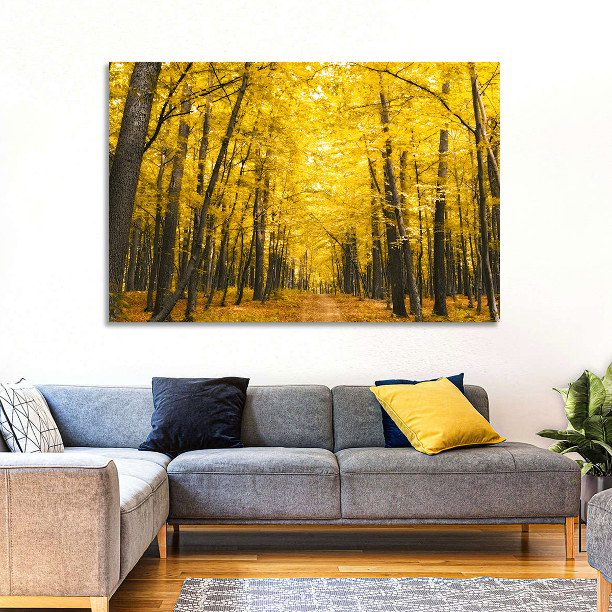 Yellow Autumn Forest Path Wall Art in a room, landscape