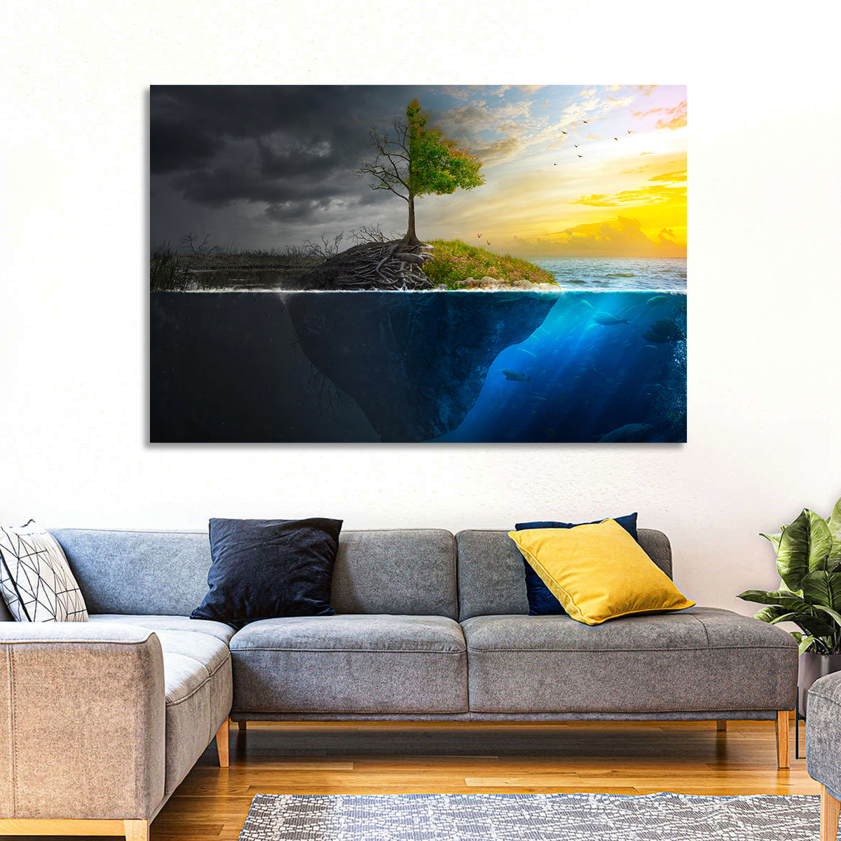 Split Island Tree of Duality Wall Art in a room, landscape