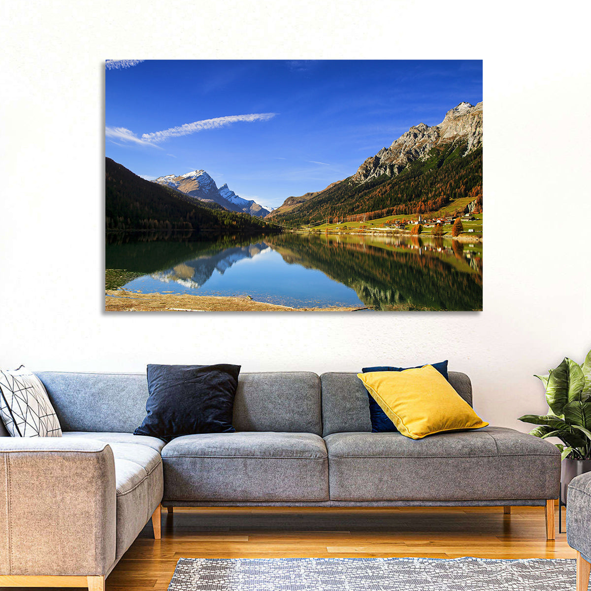 Lake Sils Morning Reflection Wall Art in a room, landscape
