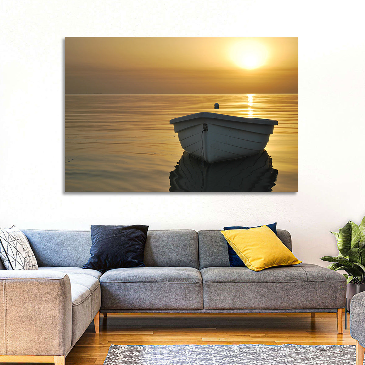 White Rowboat on Golden Sea Wall Art