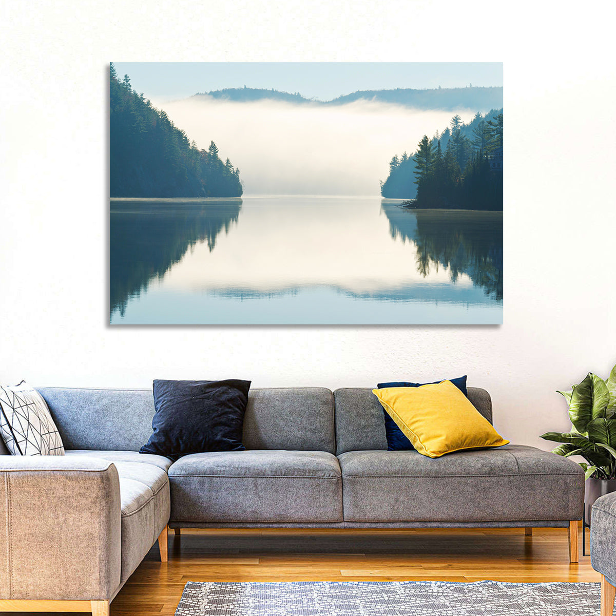 Foggy Lake Morning Wall Art in a room, landscape