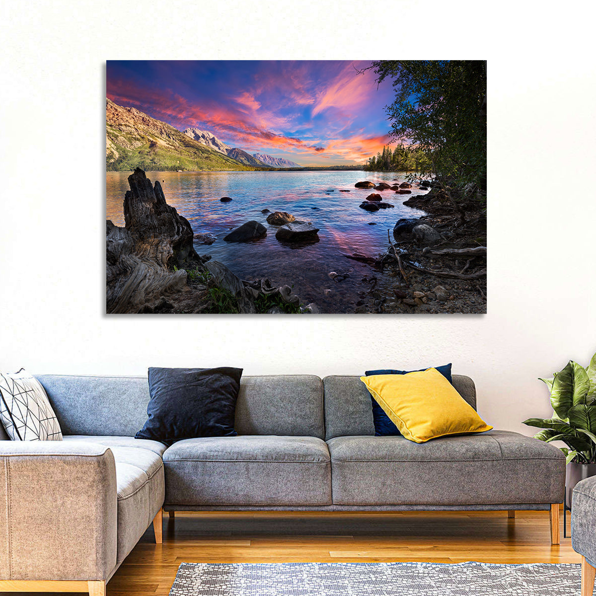 Jenny Lake Sunset Wall Art in a room, landscape