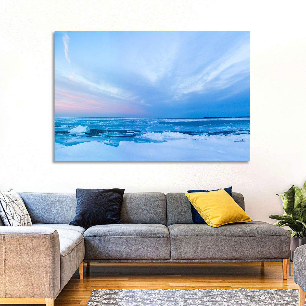 Frozen Blue Seascape Wall Art in a room, landscape