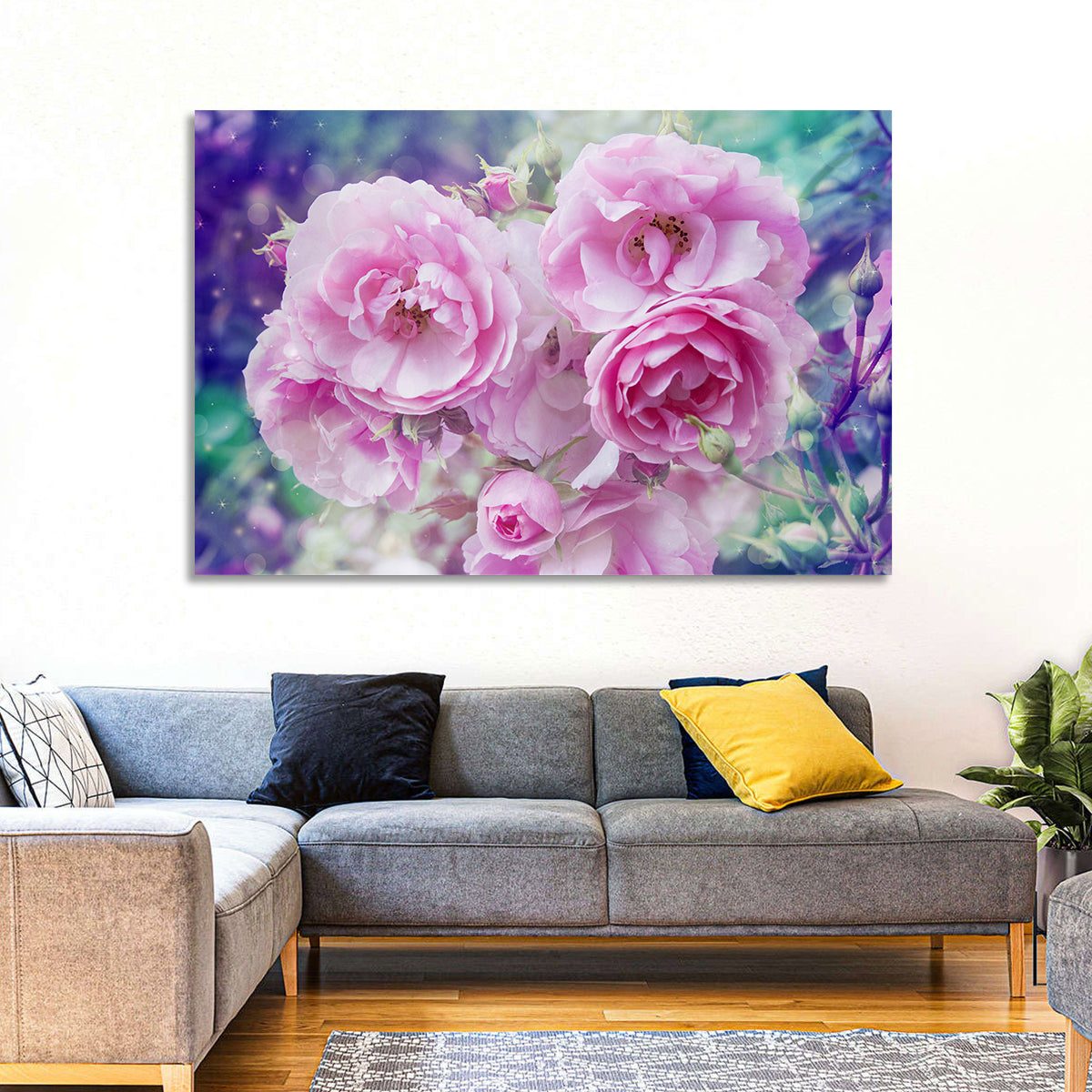 Springtime Pink Rose Cluster Wall Art in a room, landscape