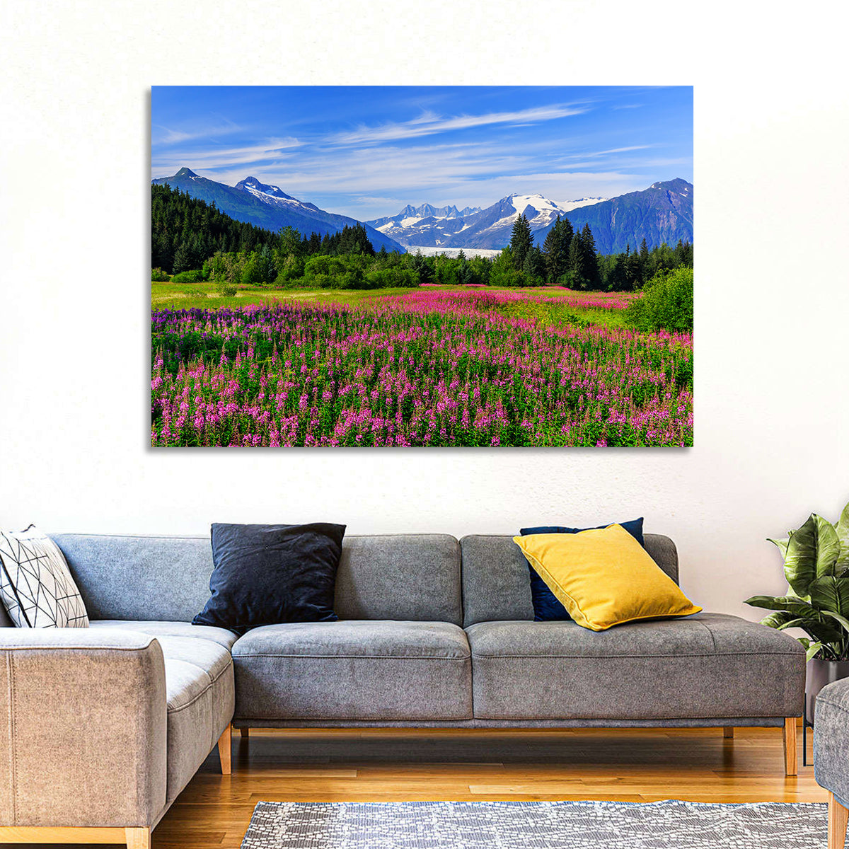 Juneau Meadow with Mendenhall Glacier Wall Art in a room, landscape