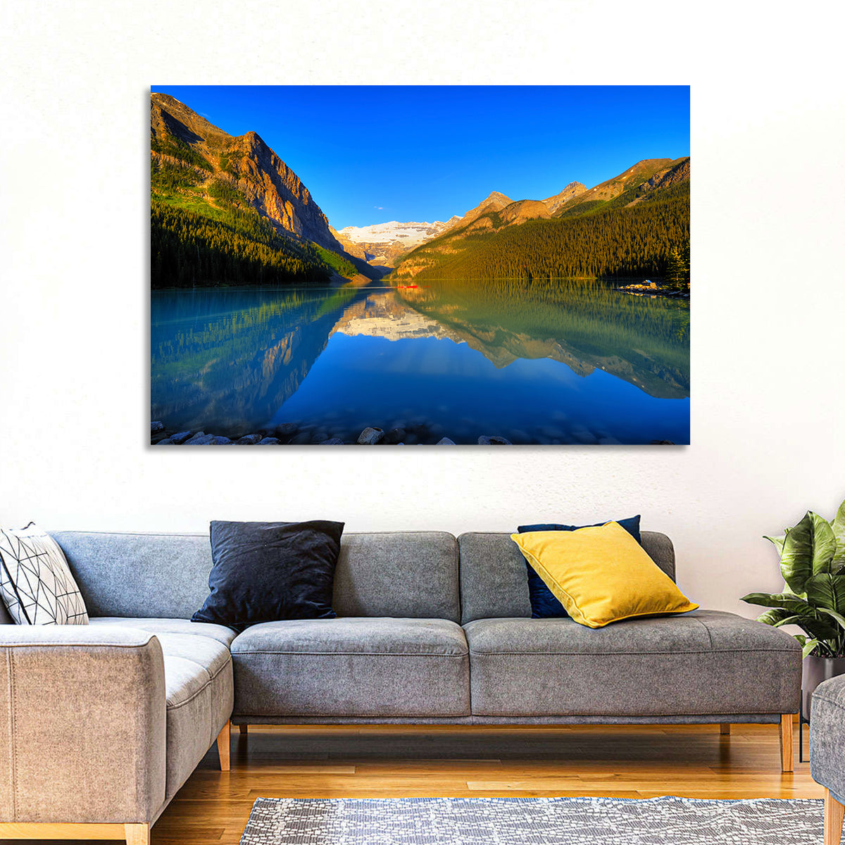 Lake Louise Canoe Reflection Wall Art in a room, landscape