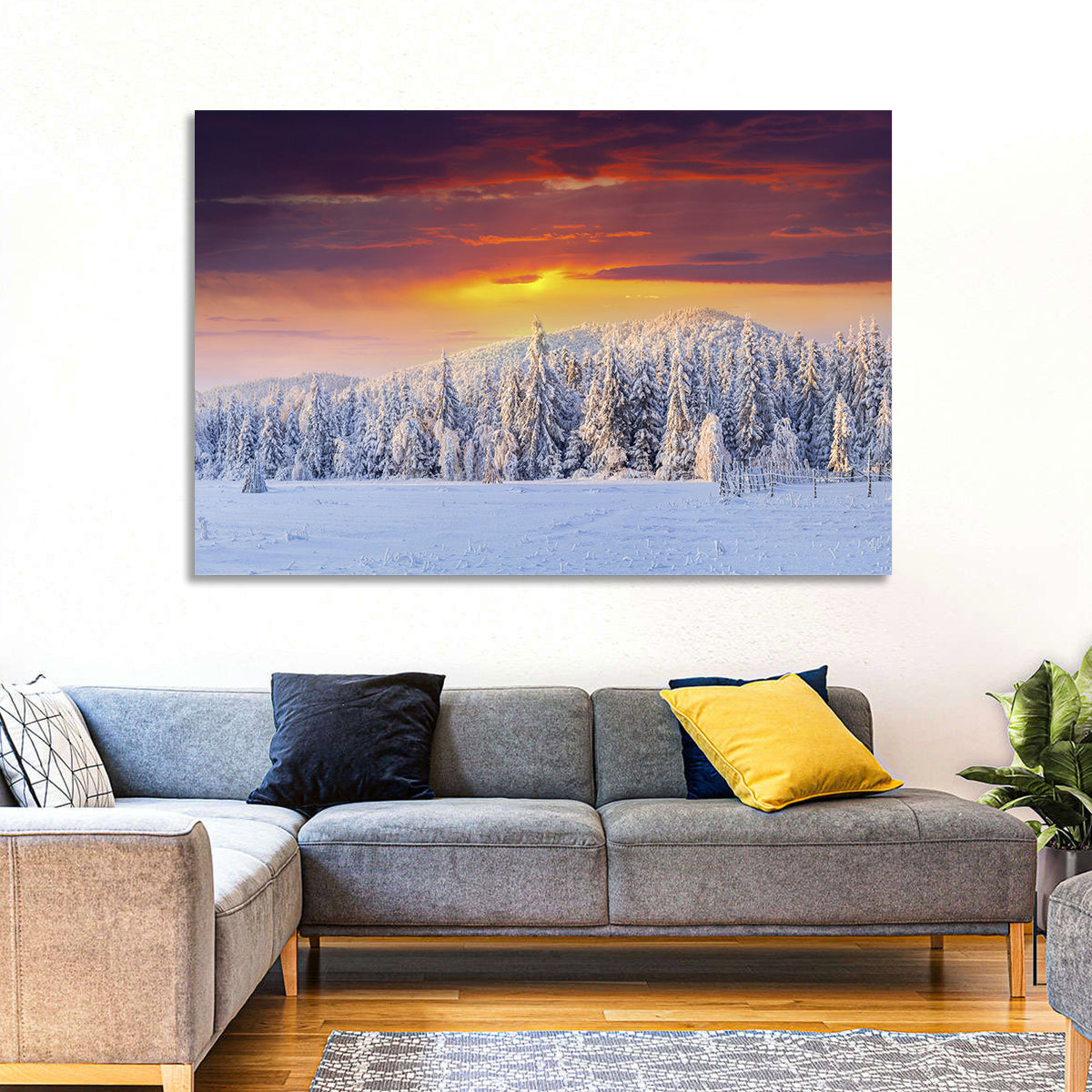 Snowy Forest Sunset Wall Art in a room, landscape