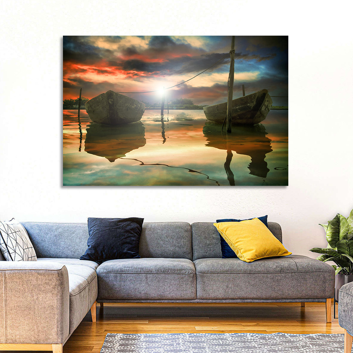 Two Wooden Boats at Sunset Wall Art