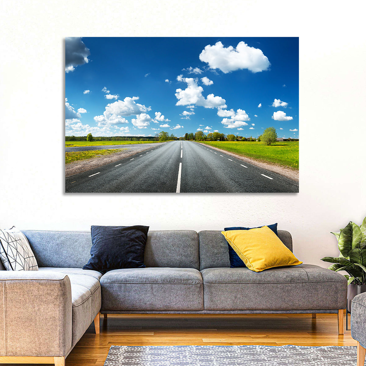 Asphalt Road Through Meadow Wall Art in a room, landscape