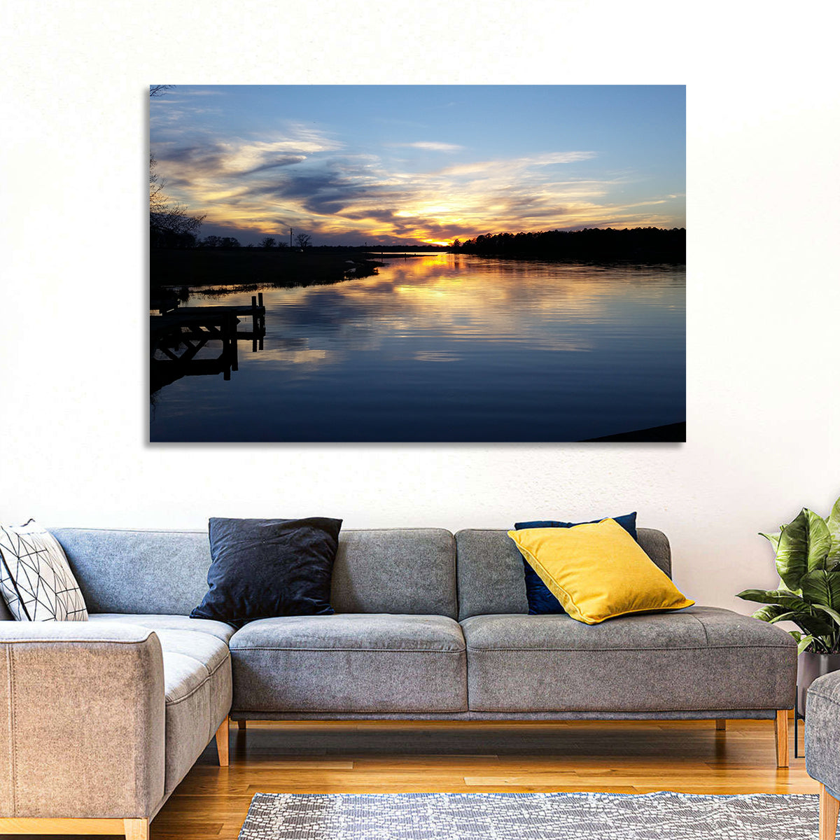 Lake Palestine Pier at Sunset Wall Art in a room, landscape