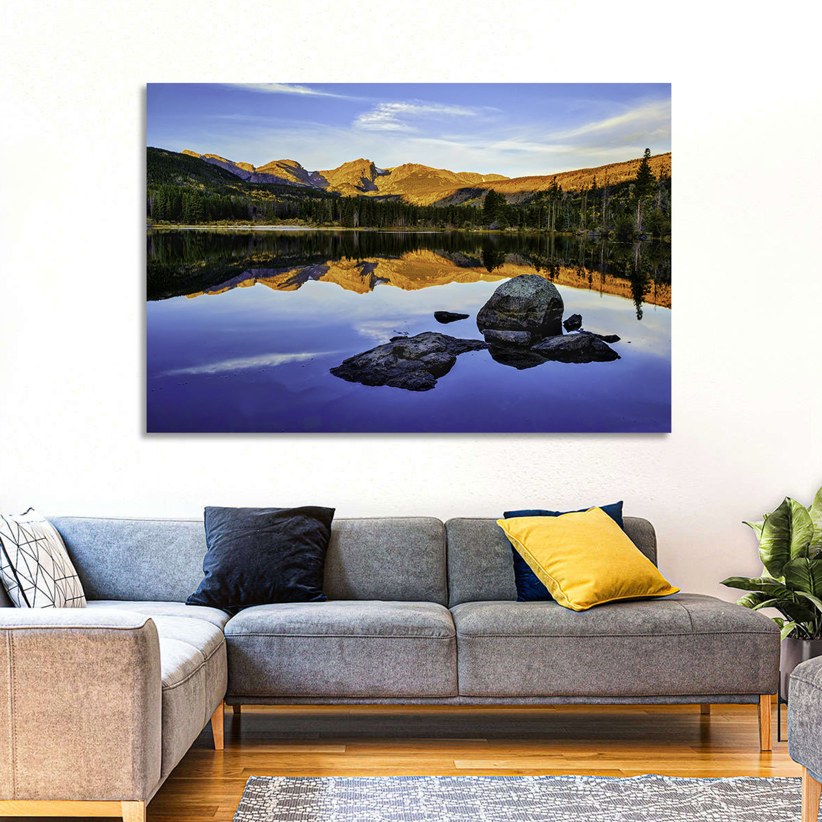 Sprague Lake Sunrise Reflection Wall Art in a room, landscape