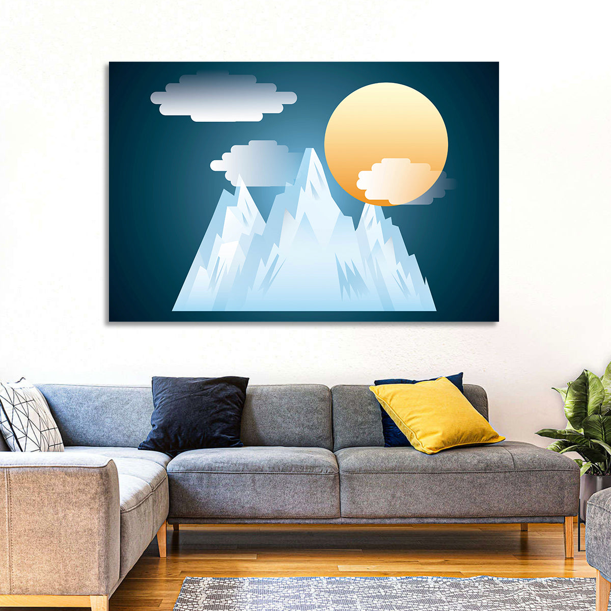 Geometric Snowy Mountain with Golden Sun Wall Art in a room, landscape