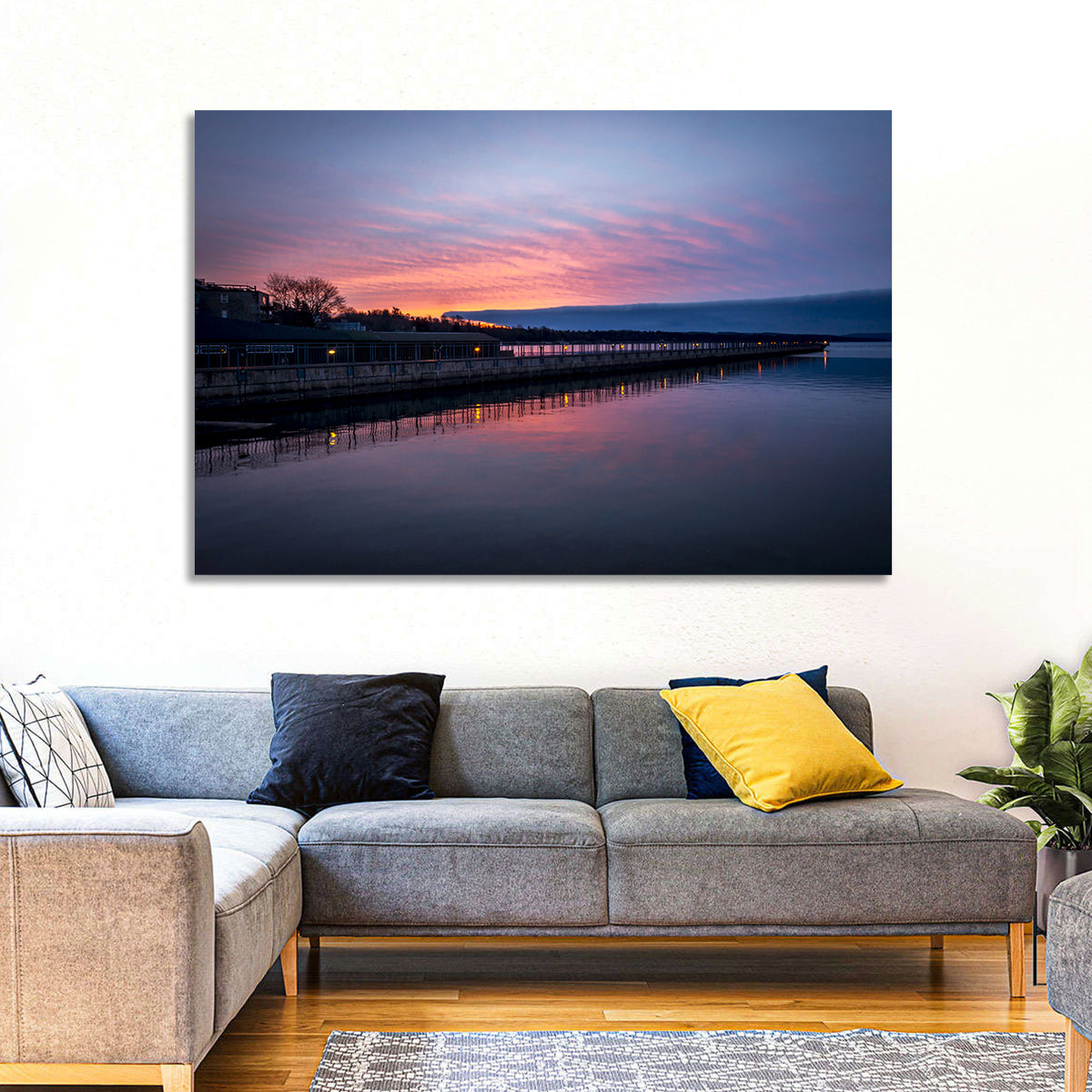 Skaneateles Lake Pier at Dusk Wall Art in a room, landscape