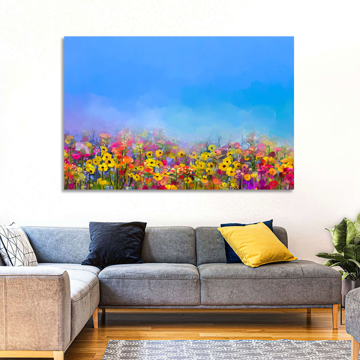 Cornflower and Daisy Meadow Wall Art in a room, landscape