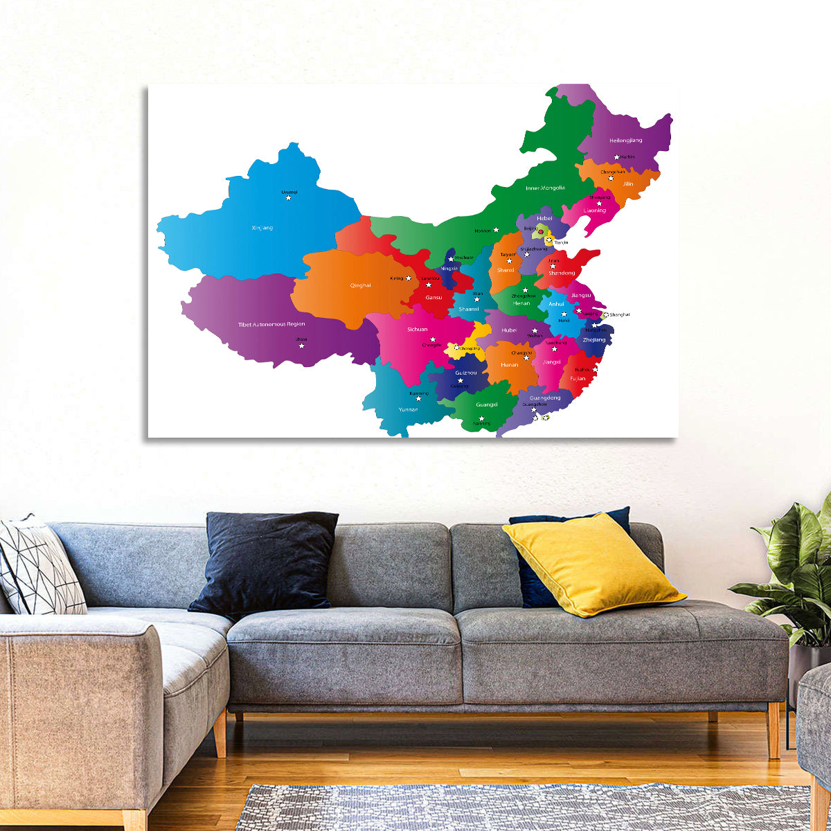 Colorful China Provinces Map Wall Art in a room, landscape