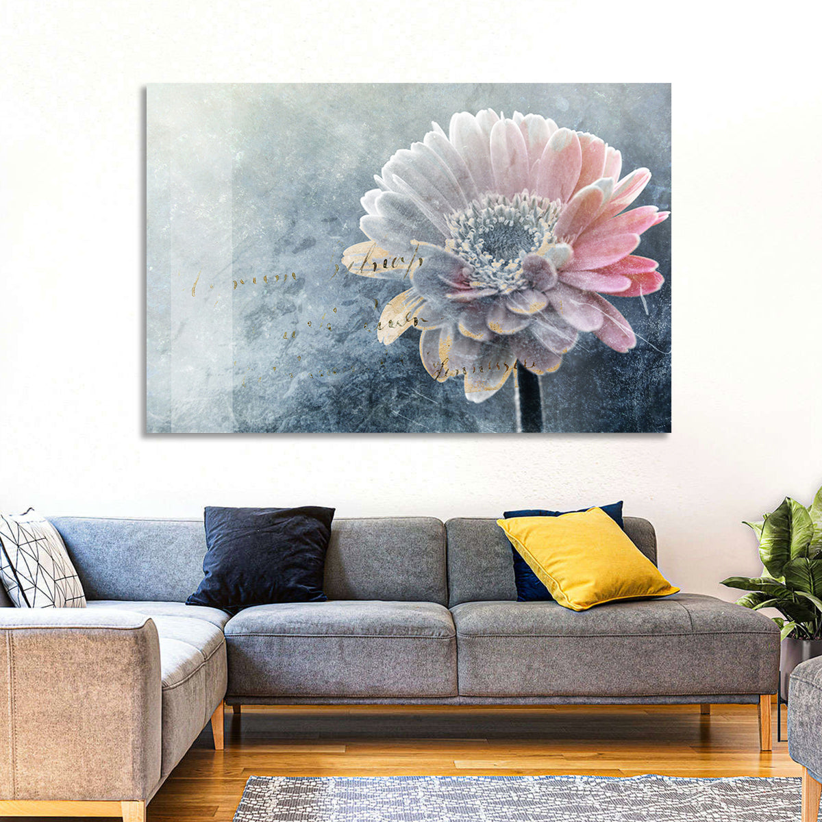 Winter Gerbera with Golden Script Wall Art in a room, landscape