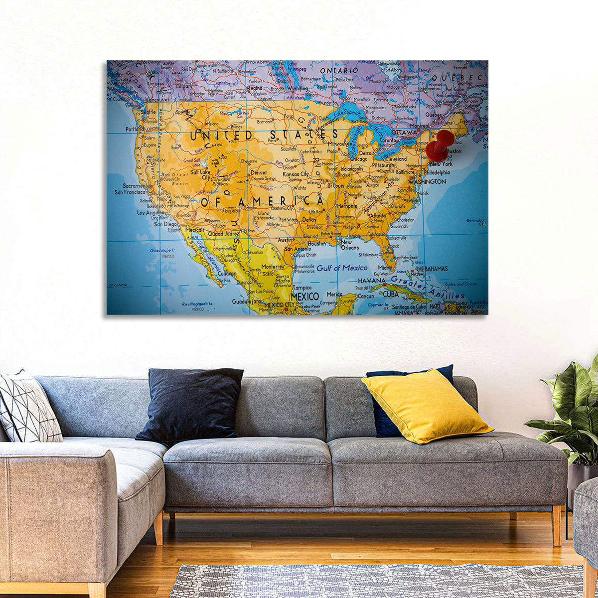Vintage USA Map with Northeastern Pushpin Wall Art in a room, landscape