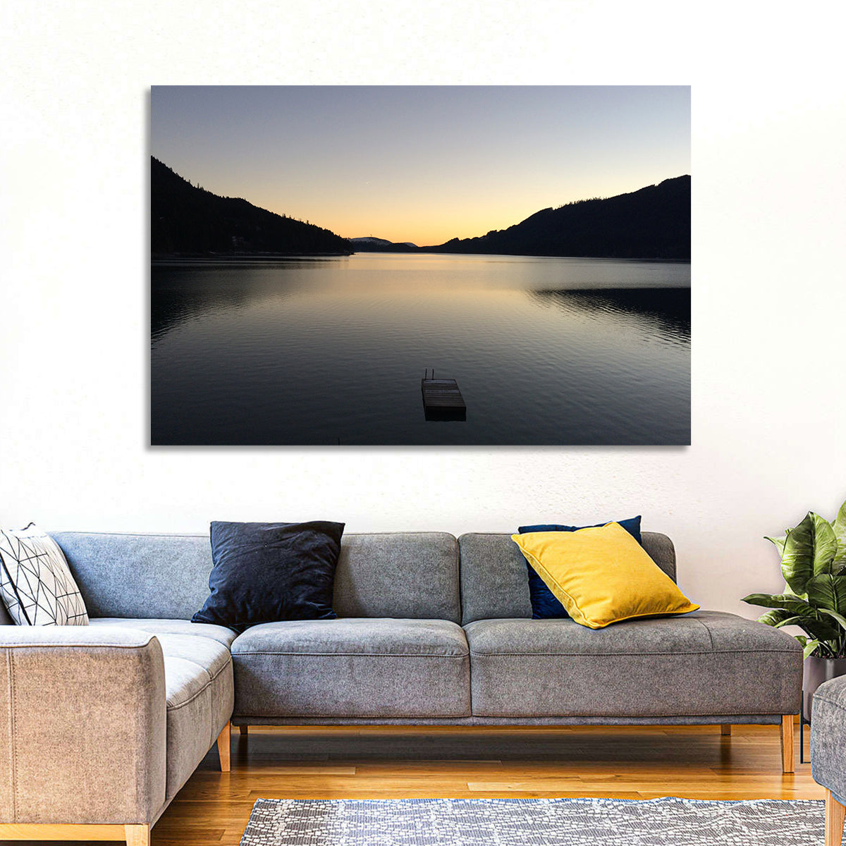 Lake Cushman Dock at Dusk Wall Art in a room, landscape