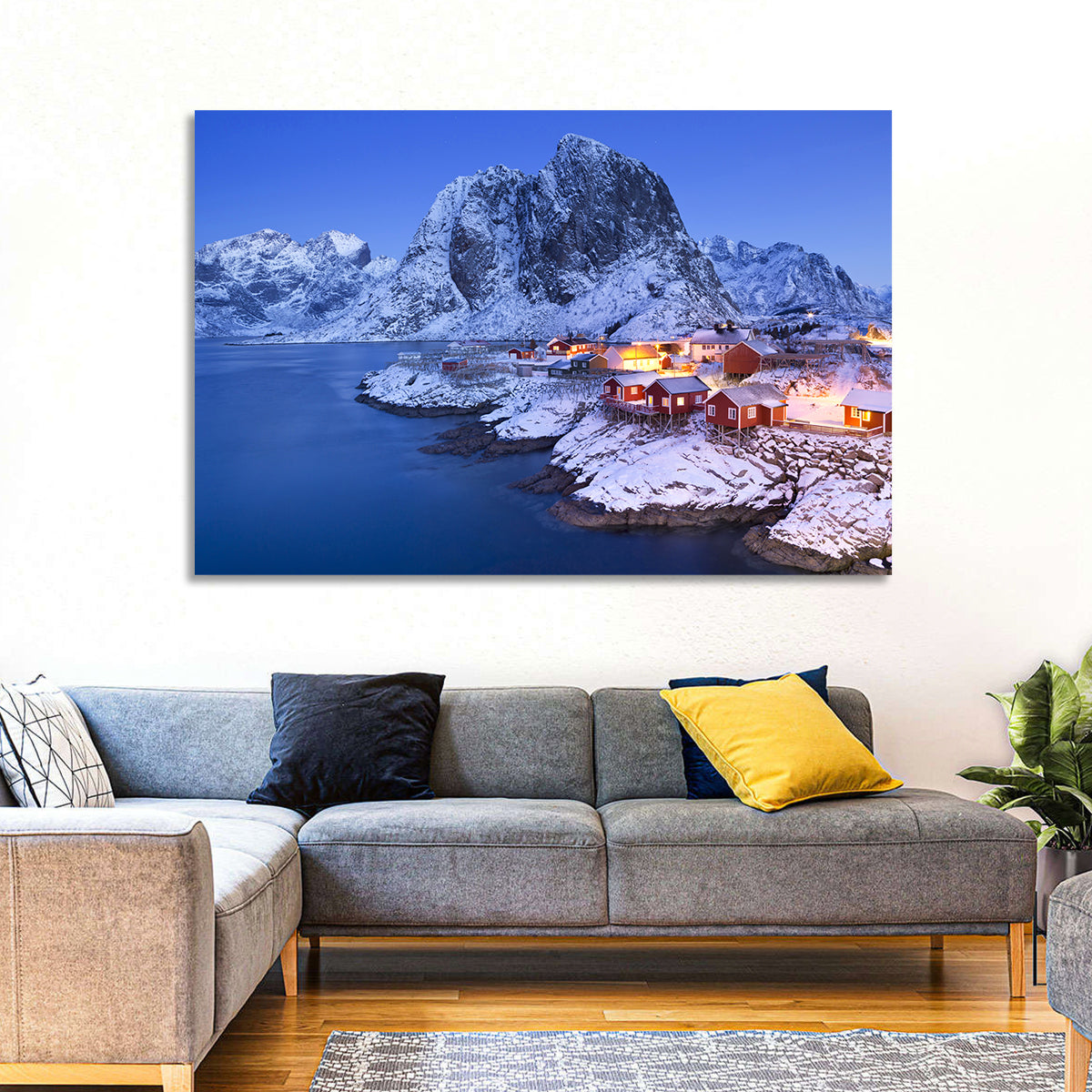 Hamnøy Red Cabins at Winter Dusk Wall Art