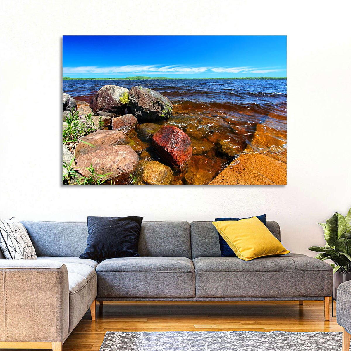 Lake Gogebic Rocky Shoreline Wall Art in a room, landscape