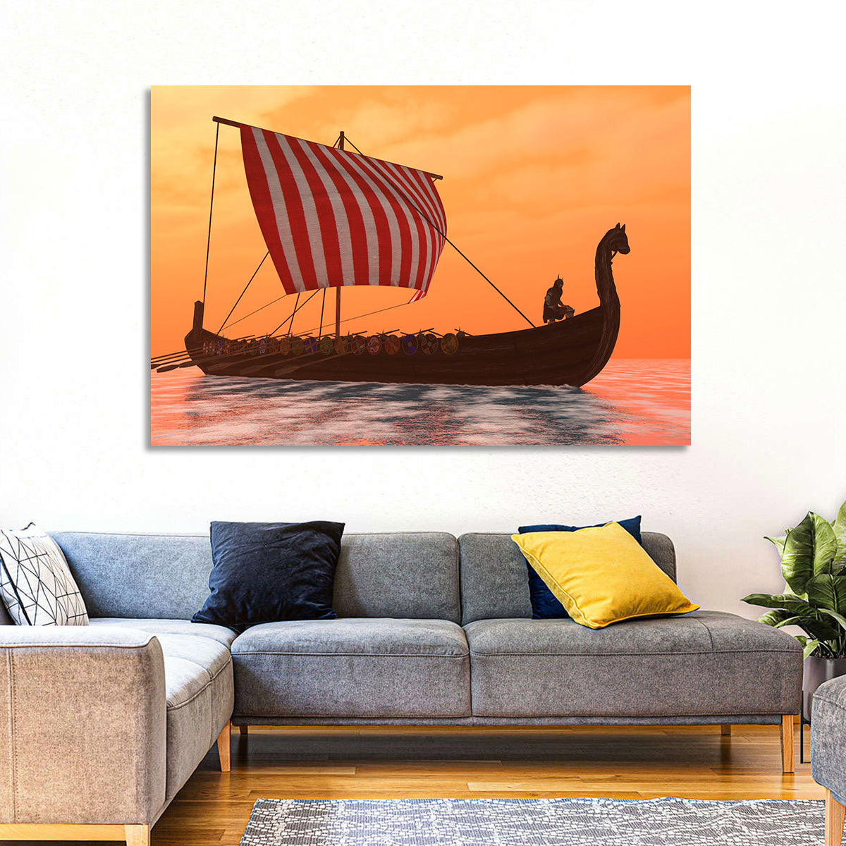Viking Longship at Dusk Wall Art in a room, landscape