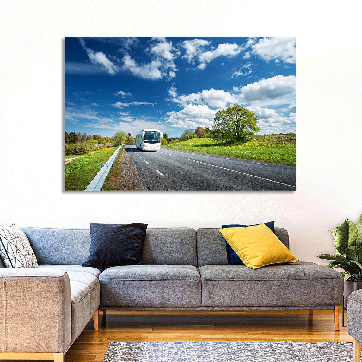 White Bus on Meadow Road Wall Art