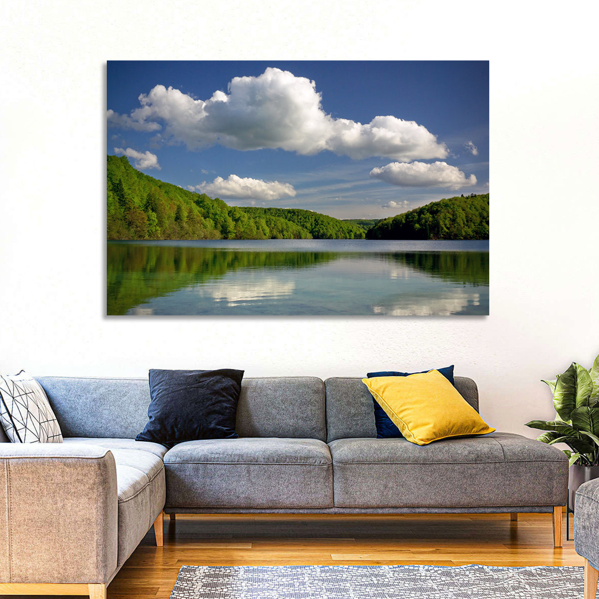 Plitvice Forest Lake Scene Wall Art in a room, landscape