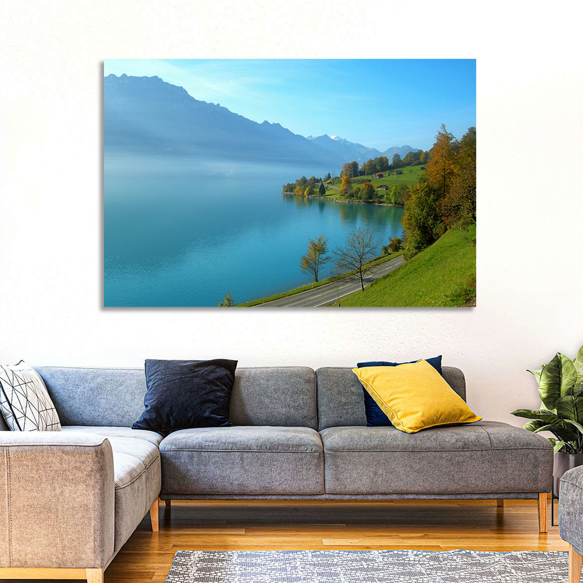Lake Brienz Misty Shoreline Wall Art in a room, landscape