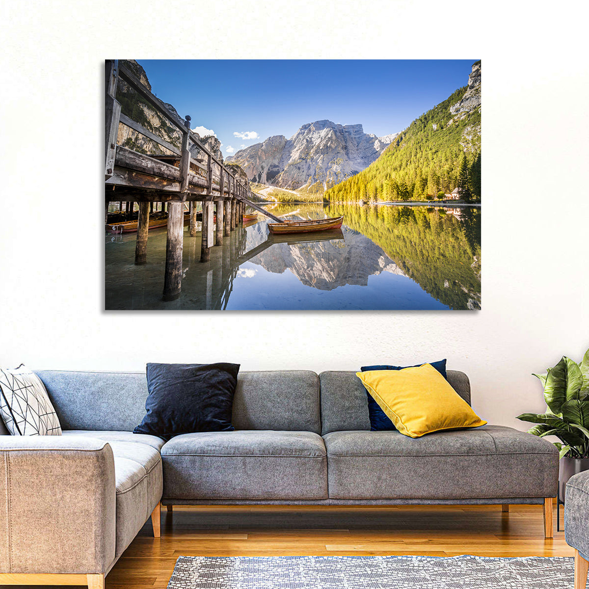 Lago Di Braies Pier Wall Art in a room, landscape