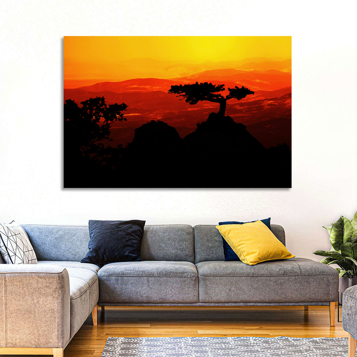 Gnarled Tree at African Sunset Wall Art in a room, landscape
