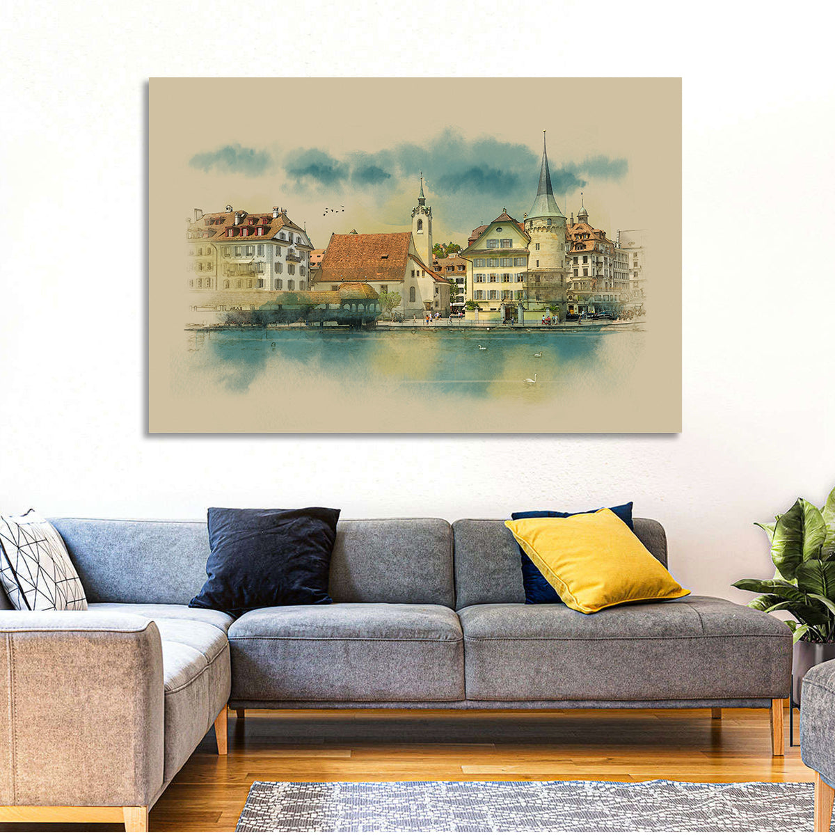 Lucerne Waterfront Sketch Wall Art in a room, landscape