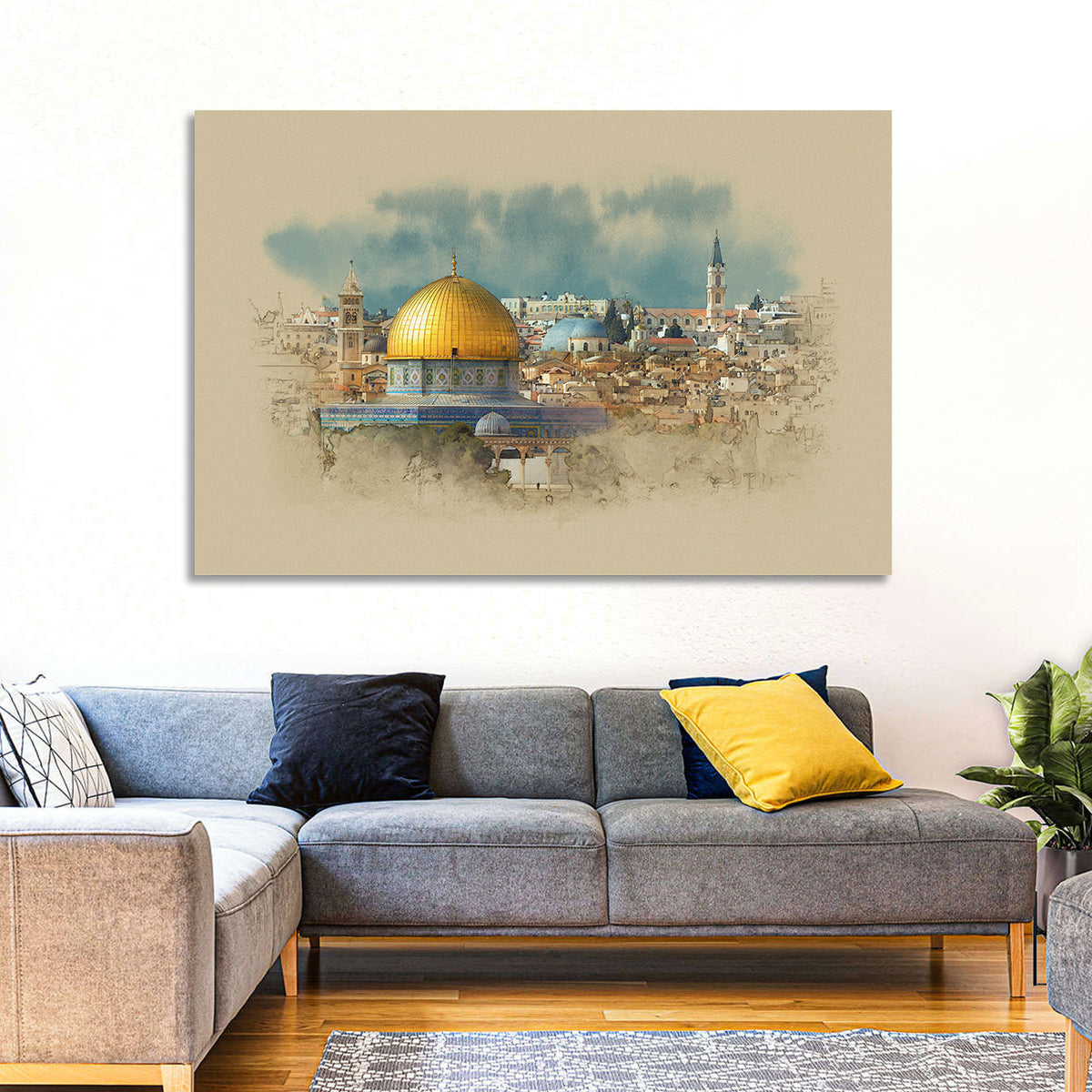 Dome of the Rock Watercolor Study Wall Art in a room, landscape