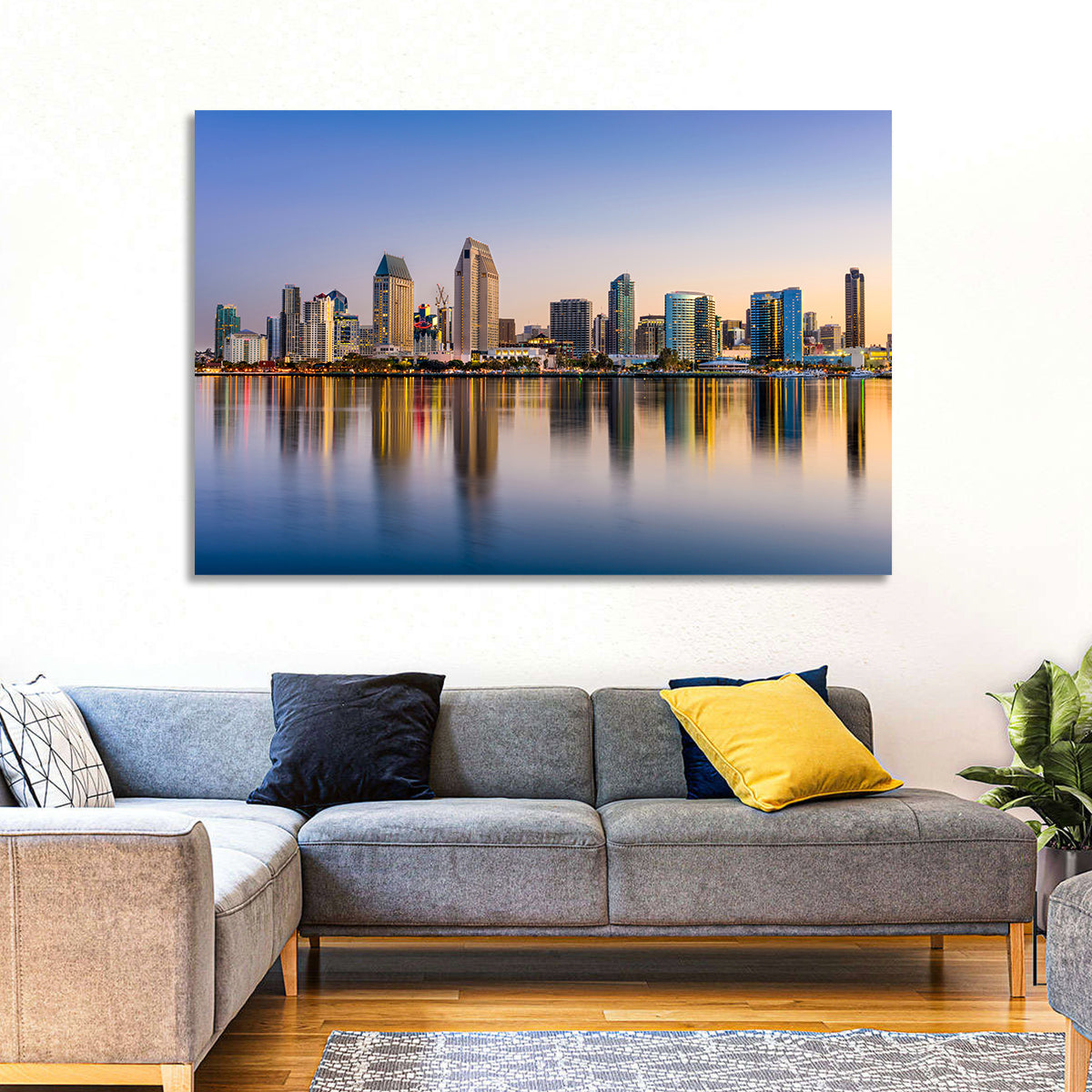 San Diego Skyline at Golden Dusk Wall Art in a room, landscape
