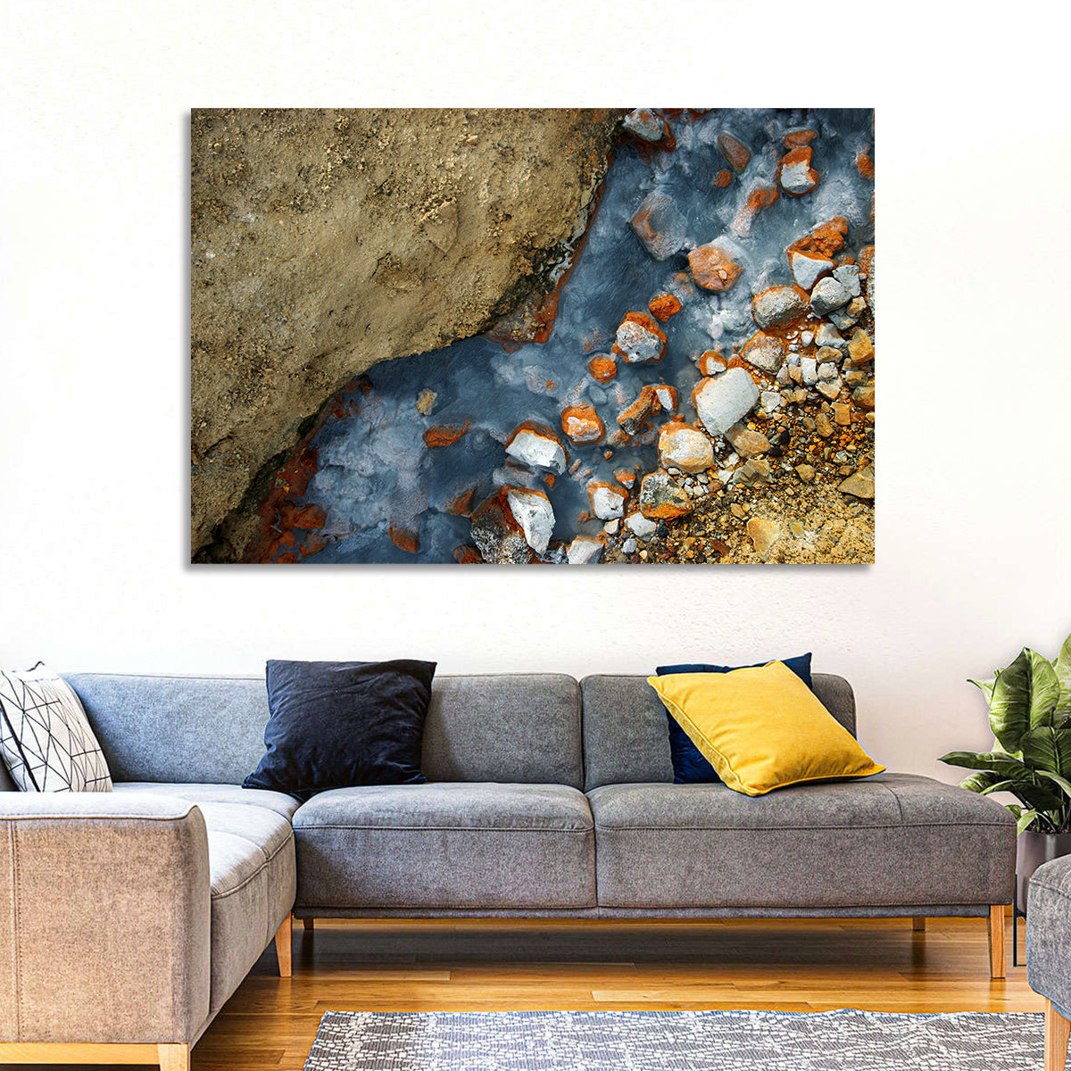 Milky Blue Geothermal Creek Wall Art in a room, landscape