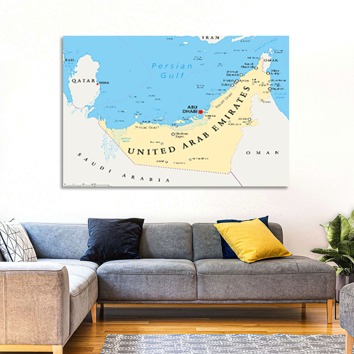 UAE Political Map Wall Art in a room, landscape